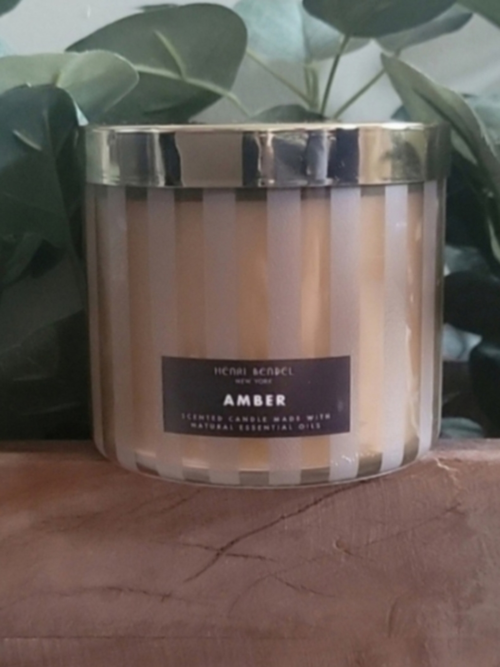 Henri Bendel Amber Scented Candle — Gold & Cream Striped Jar